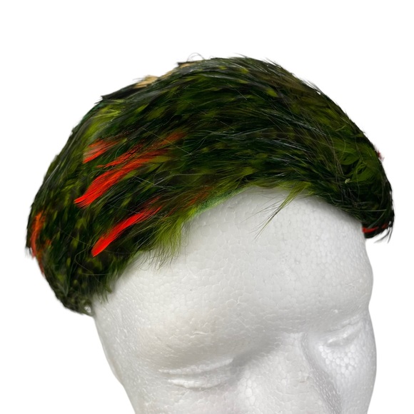 Handmade Vintage Pheasant Pillbox Style Casque Hat Cap Green Dyed High Fashion - Picture 10 of 11